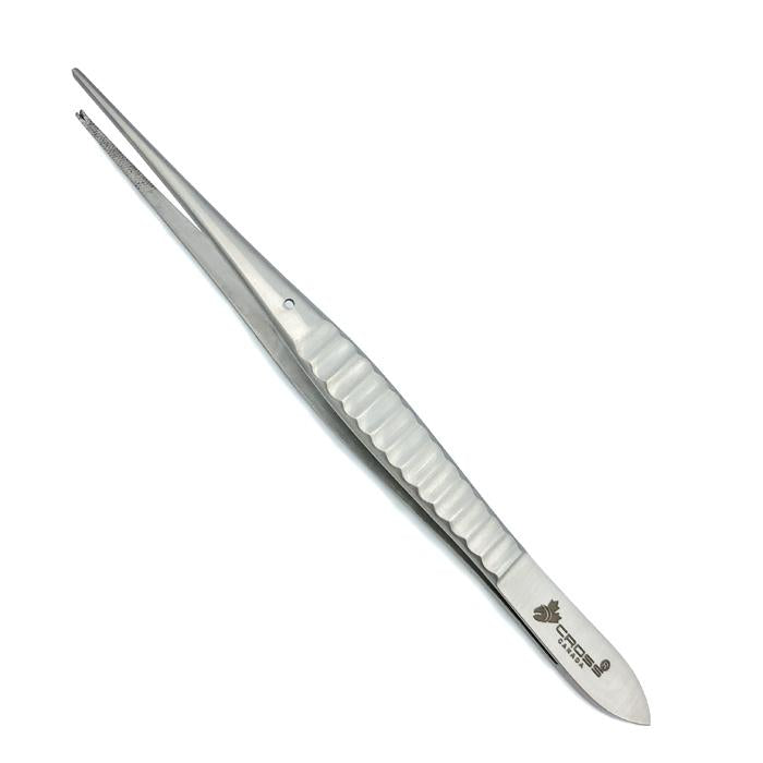 Gillies Forceps, 6" (15cm), Straight, Cross-Serrated Tips, 1x2 Teeth